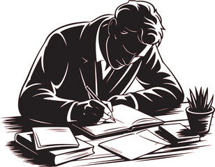 Fototapeta premium Man in gas mask writing at a desk with books and pens