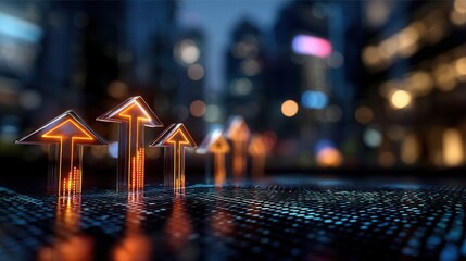 Upward Arrows Symbolize Financial Growth Against a Backdrop of a Vibrant City at Night