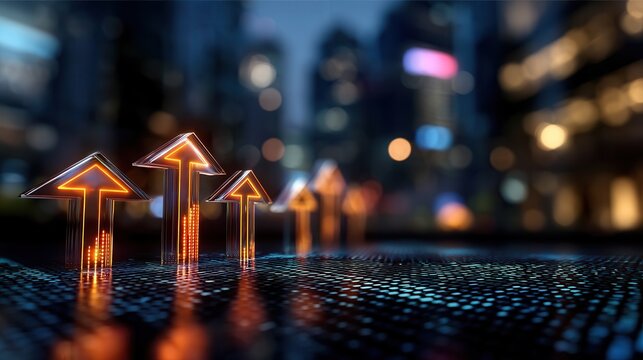 Upward Arrows Symbolize Financial Growth Against a Backdrop of a Vibrant City at Night