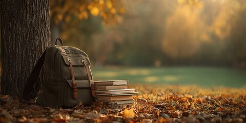 Autumn Afternoon in the Park With Books and a Backpack Under the Golden Leaves