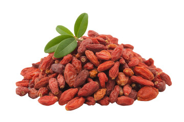 Pile of vibrant red goji berries with fresh green leaves, naturally rich in antioxidants, perfect for healthy snacking, boosting immunity, and adding a nutritious punch to any recipe