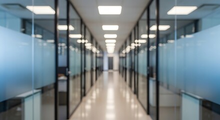 Obraz premium Long empty clean corridor in a modern office building with light and glass walls