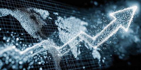 世界地図と上昇する矢印の3Dビジネスグラフィック