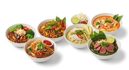 An assortment of vibrant Asian noodle dishes served in stylish bowls, showcasing colorful ingredients like shrimp, vegetables, and garnishes that make a delightful meal.