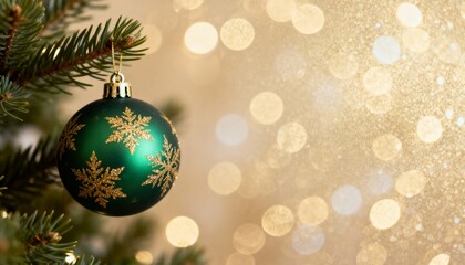 Festive Christmas background with hanging bauble on pine branch, magical blurred bokeh lights and empty copy space for text. Macro close-up of New Year decoration.