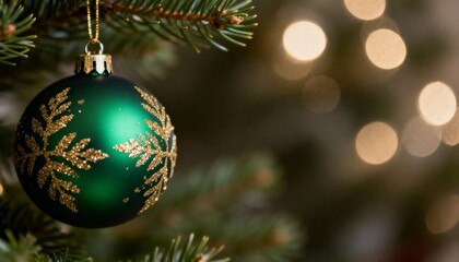 Festive Christmas background with hanging bauble on pine branch, magical blurred bokeh lights and empty copy space for text. Macro close-up of New Year decoration.