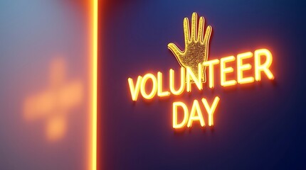 Glowing neon text "volunteer day" with a sparkling hand for community service