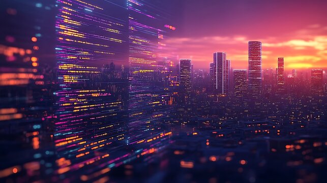 Digital cityscape with glowing code overlay at sunset skyline buildings photo