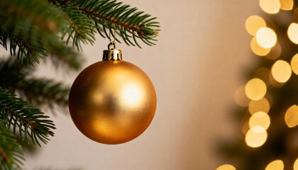 Festive Christmas background with hanging bauble on pine branch, magical blurred bokeh lights and empty copy space for text. Macro close-up of New Year decoration.