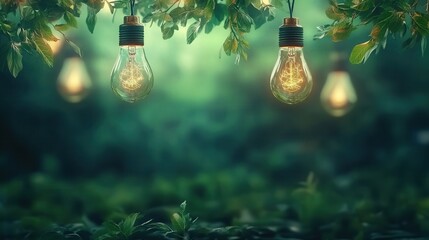 Illuminated Light Bulbs Hanging Among Lush Trees in a Serene Futuristic Garden
