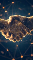 Digital handshake with glowing golden network connections business agreement photo