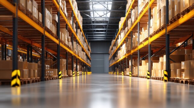 A spacious warehouse filled with neatly stacked boxes, showcasing organized storage and efficient logistics