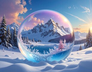A mesmerizing winter scene encapsulated within a giant iridescent bubble. Majestic snow-capped mountains and tranquil lake. Sunset