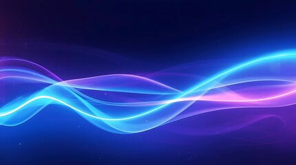 Abstract glowing blue and purple wavy lines dynamically flow across the background.