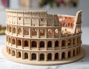 A meticulously crafted model of a famous ancient amphitheater, showcasing architectural details with multiple tiers and arched openings