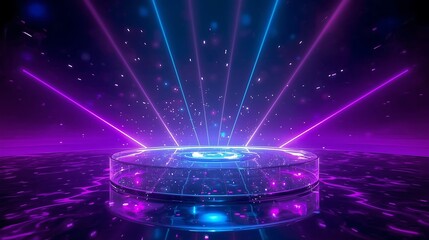 Vibrant neon stage with glowing circular platform and dynamic laser beams