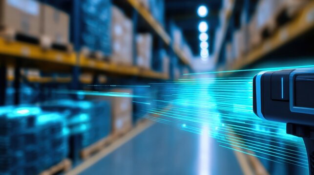 High-tech scanning device in a warehouse, capturing inventory with glowing laser beams amidst stacked boxes