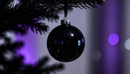 Fototapeta premium Festive Christmas background with hanging bauble on pine branch, magical blurred bokeh lights and empty copy space for text. Macro close-up of New Year decoration.