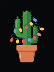Tall Saguaro Cactus Decorated with Bright Christmas Lights - Holiday Vector Illustration