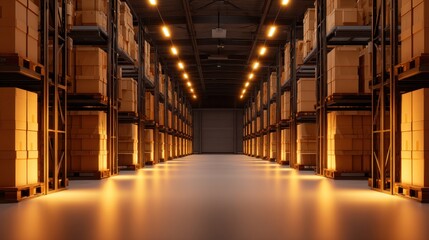 A spacious warehouse filled with neatly stacked boxes, illuminated by warm overhead lights, showcasing organization