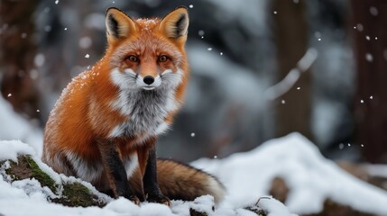 Obraz premium A red fox is sitting among the snow in the woods looking at the camera