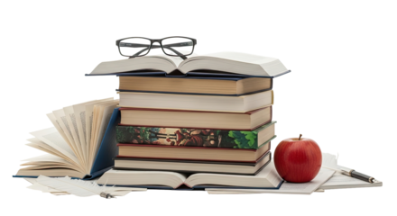 Open book with reading glasses, red apple, and pen for study on isolated transparent background