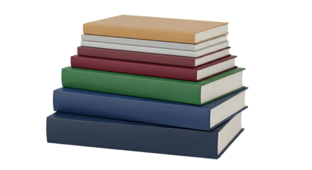 Stack of colorful hardcover books on isolated transparent background