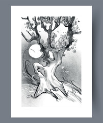 Detailed monochrome representation of tree with swirling limbs