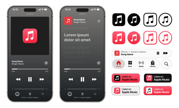 Apple Music player UI mockup with play, pause, next, previous, volume, shuffle, repeat, lyrics, track info, and logo vector illustration