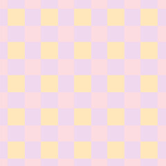 Seamless pastel checkered pattern with alternating yellow and pink-lilac squares. Simple geometric background for textile, wallpaper, and print design.