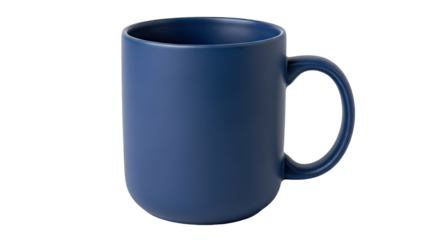 Simple matte blue coffee mug on isolated transparent background