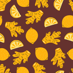 Seamless pattern with whole lemons, lemon slices, and ginger roots on brown background. Hand-drawn flat illustration.