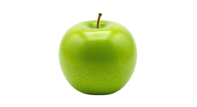 Fresh green apple with stem on isolated transparent background
