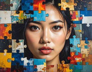 A portrait of a woman merges with colorful puzzle pieces, suggesting a connection between identity and complexity