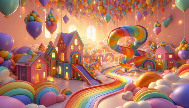 3D friendly robot Santa building gifts with tiny robot elves, futuristic workshop, glowing neon Christmas decorations, colorful and happy atmosphere, landscape orientation