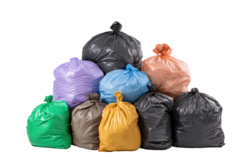 A stack of various-colored plastic garbage bags