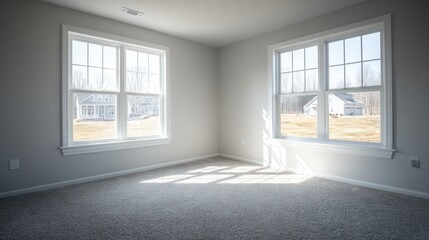 Fototapeta premium Bright and Inviting Empty Bedroom With Gray Carpet in Newly Constructed Home
