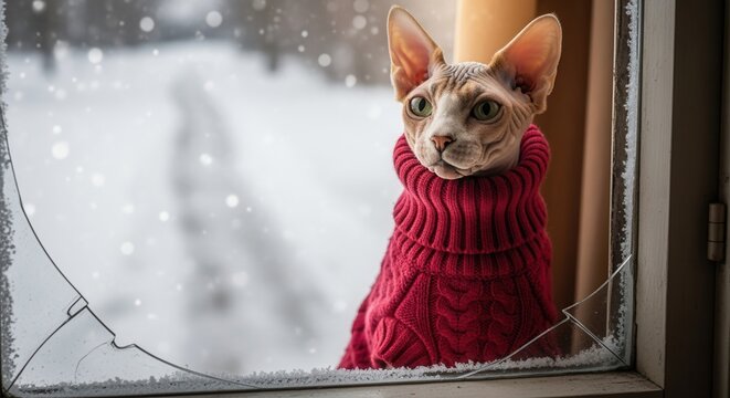 A Sphynx cat in a cozy red sweater looks out a broken window at a snowy winter scene. Hairless pet staying warm indoors during cold weather - Powered by Adobe