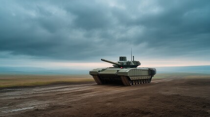 Obraz premium Armata Main Battle Tank Stands Ready in an Open Field Under a Moody Sky