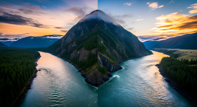 Stunning Dual Perspective of a Majestic Mountain Landscape, Highlighting Contrasting Hues and Atmospheric Moods of Converging Rivers at Twilight