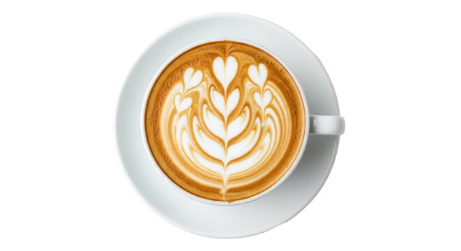 Top View of White Coffee Cup with Latte Art and Saucer on Isolated transparent background