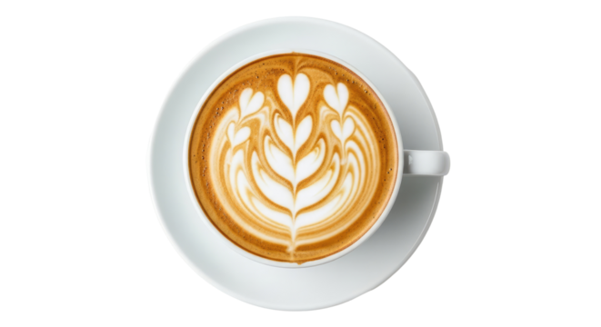Top View of White Coffee Cup with Latte Art and Saucer on Isolated transparent background