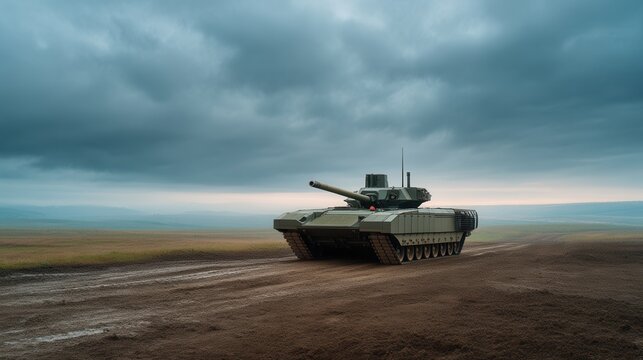 Armata Main Battle Tank Stands Ready in an Open Field Under a Moody Sky