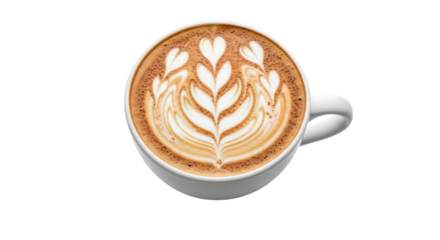 Top View of White Coffee Cup with Latte Art Heart Design on Isolated transparent background