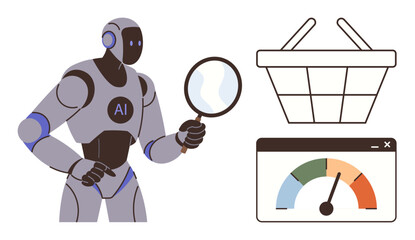 AI robot using magnifying glass to examine online shopping basket metrics and performance gauge. Ideal for e-commerce, AI in retail, data analysis, machine learning, customer behavior