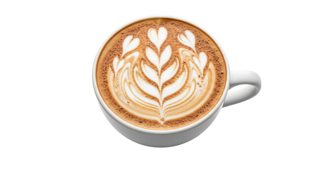 Top View of White Coffee Cup with Latte Art Heart Design on Isolated transparent background - Powered by Adobe