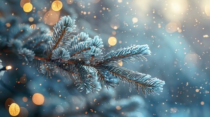 Enchanting winter scene frosted spruce branches and soft pastel lights for festive greetings