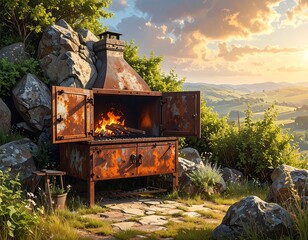 A rustic outdoor grill with an open fire, framed by large rocks and vibrant greenery, overlooks a sunlit valley at sunset