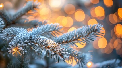 Enchanting winter scene  frosty spruce branches sparkle amidst soft pastel lights for festive cheer