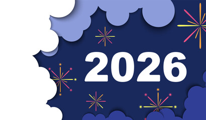 Business Happy New Year 2026 design in paper cut style. Numbers surrounded by clouds 2026. Blue background, abstract, holiday, night flashes. Elements for calendar, greeting cards, Vector illustration
